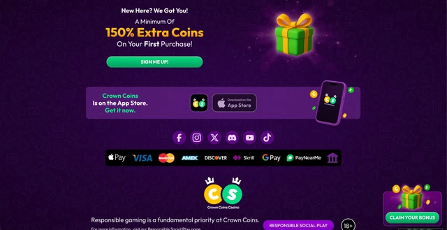 Crown Coins first-purchase offer of 150% extra coins and its payment methods
