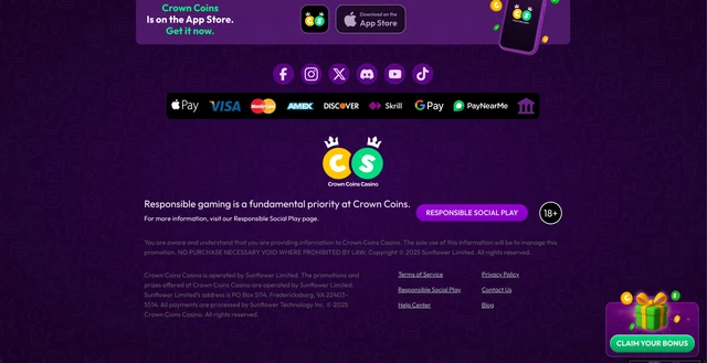 Crown Coins footer with payment methods and Sunflower Limited company details