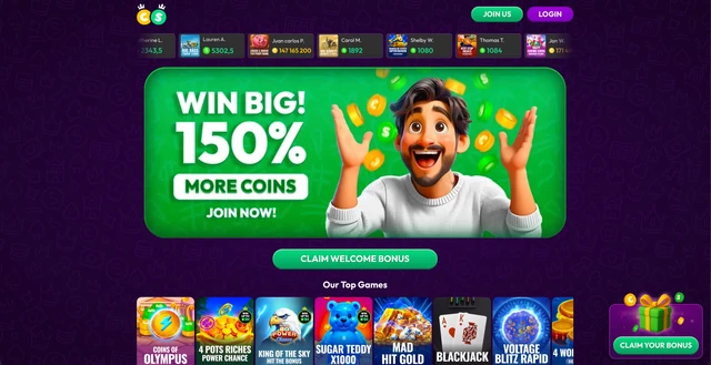 Crown Coins homepage with its 150% more coins offer and top games