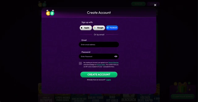 Crown Coins sign-up form with Apple, Google, Facebook or email