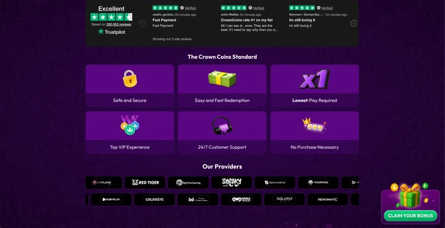 Trustpilot rating shown on Crown Coins, its promises and game providers