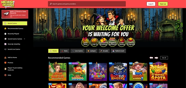 Hello Millions homepage with its welcome offer banner and recommended games