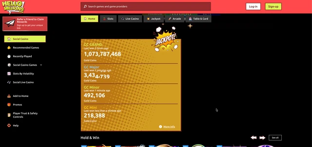 Hello Millions jackpot with Grand, Major, Minor and Mini tiers in Gold Coins