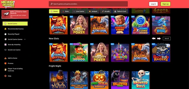 Hello Millions lobby with new slots such as Primal Buffalo, Gravity Poker and Blazing Stallion