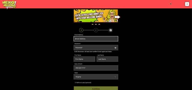 Hello Millions sign-up form with the 150% extra coins offer and an optional referral code field