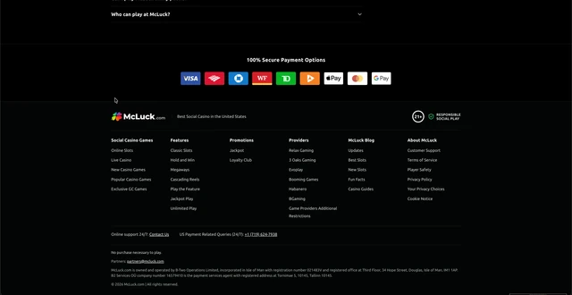 McLuck footer with payment options, support contacts and B-Two Operations company details